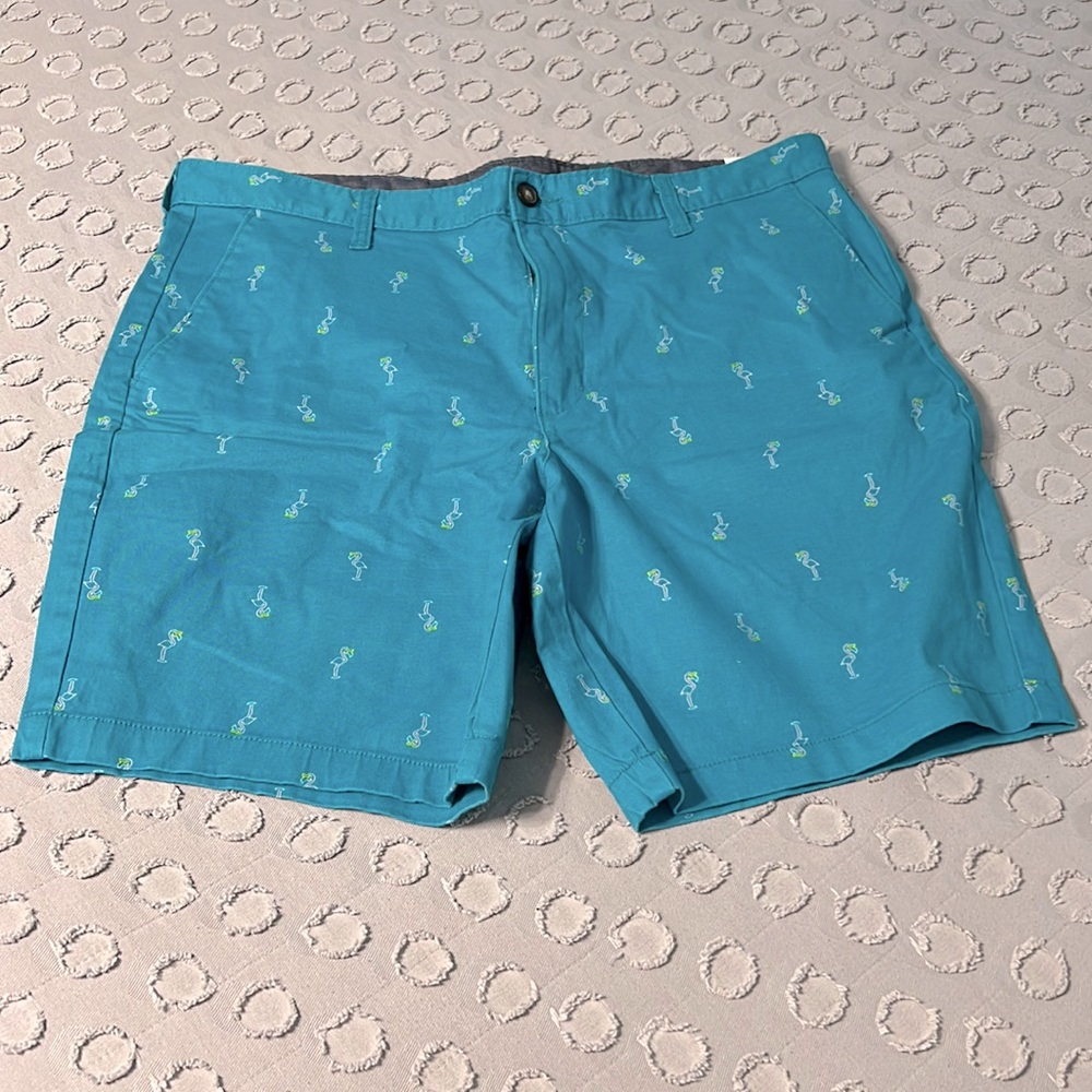 GEORGE Turquoise Green Flamingo Print Khaki Chino Flat Front Men’s Shorts 36 New